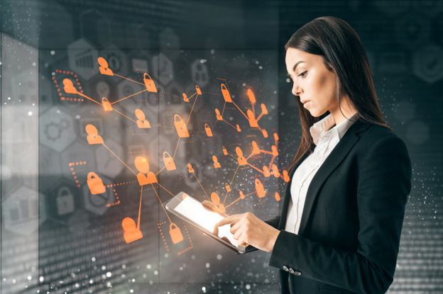 Professional using secure digital technology to support personal security services and protect online privacy.