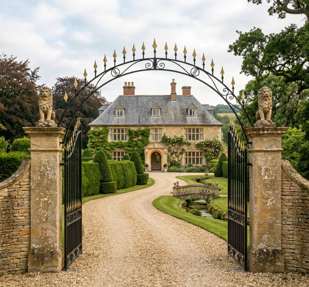 Luxury residence protected by private residential security with secure gated entrance and landscaped grounds.
